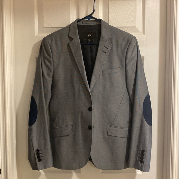 H&M men’s Blue Tweed Blazer Sportcoat Jacket elbow patches 36R - Picture 1 of 4